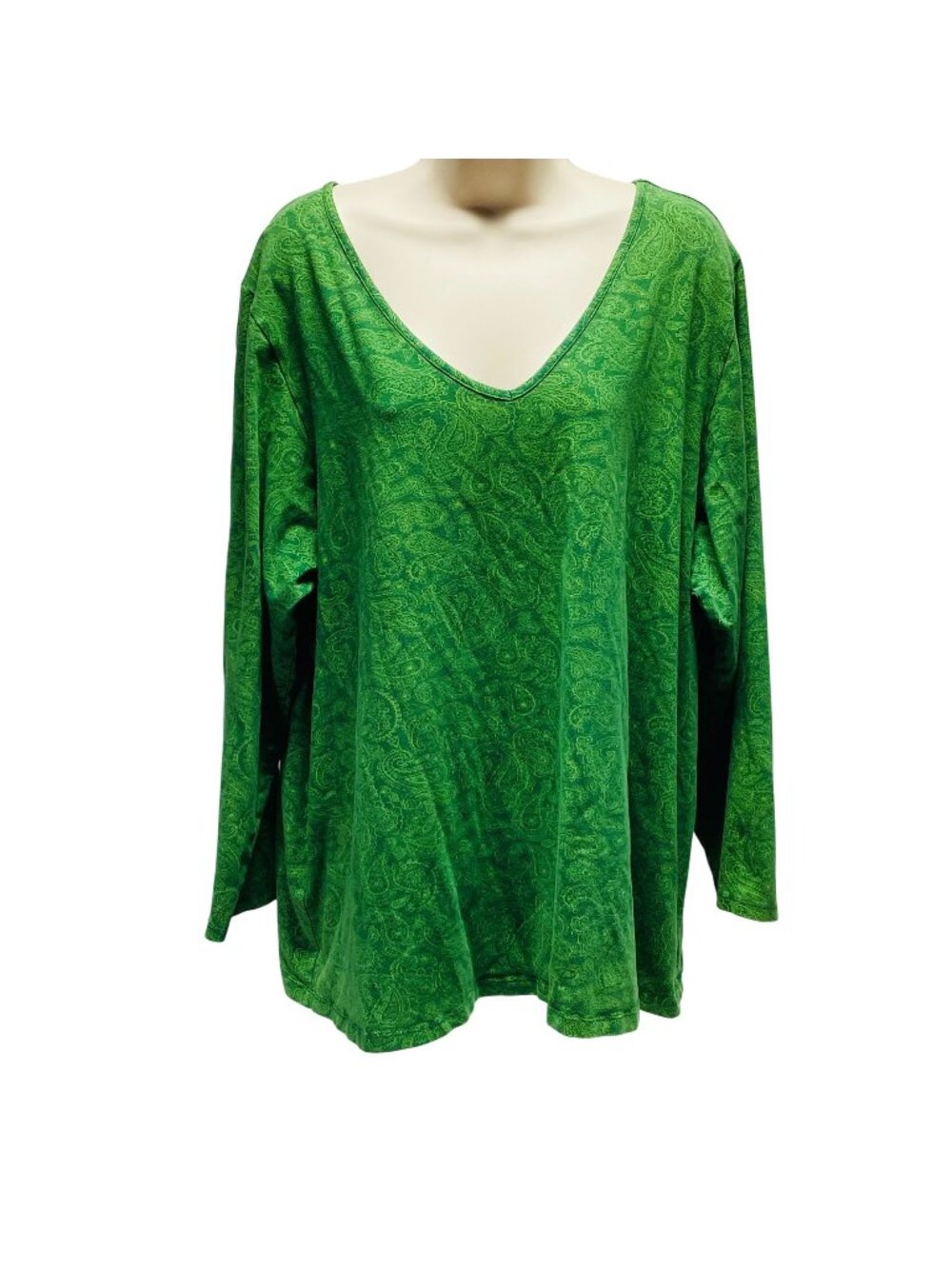 Lane Bryant Modern Fit Green Paisley V-Neck LS Top Size 26/28W 85% Cotton